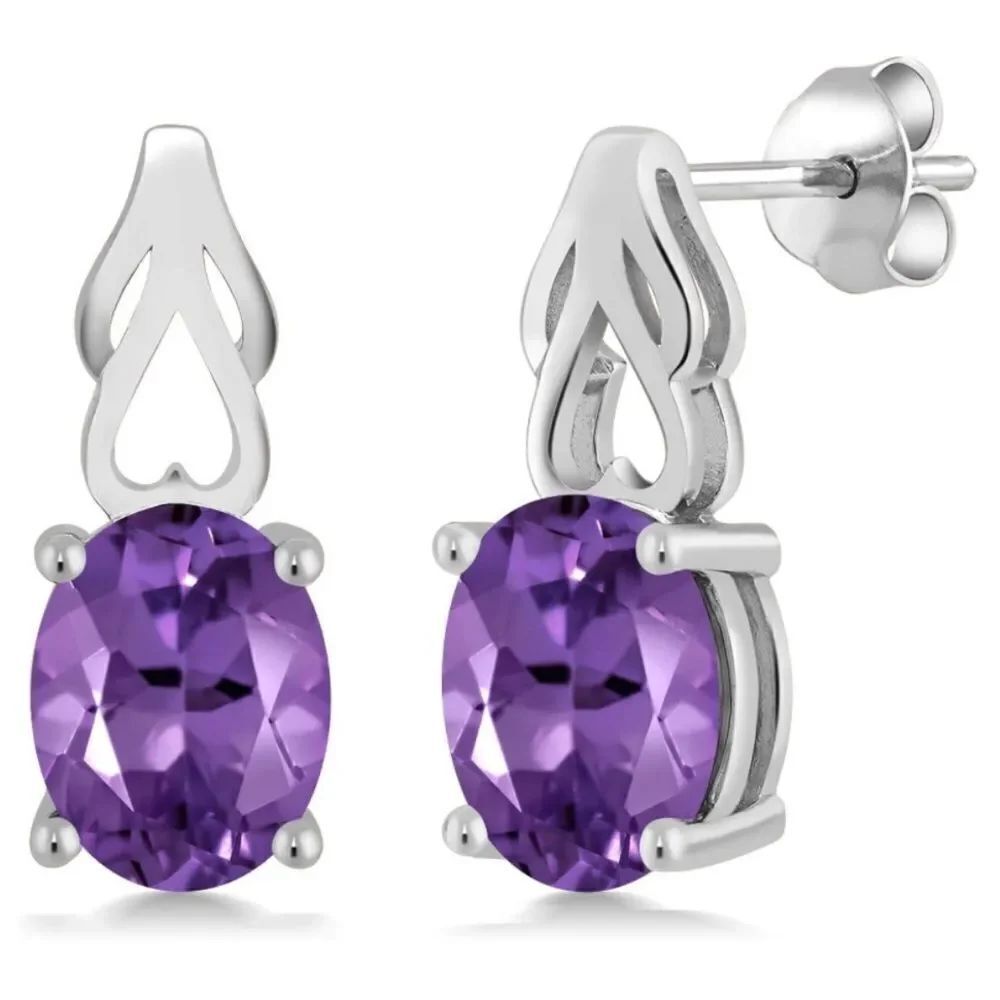 925 Sterling Silver with 3.32 Cttw Amethyst Oval Post Back Drop Earrings